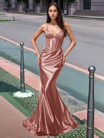Vestido largo de sirena con escote en V plisado y boiced para baile de graduación
