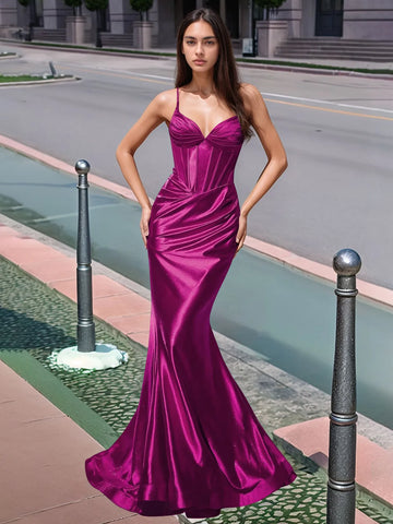 Vestido largo de sirena con escote en V plisado y boiced para baile de graduación