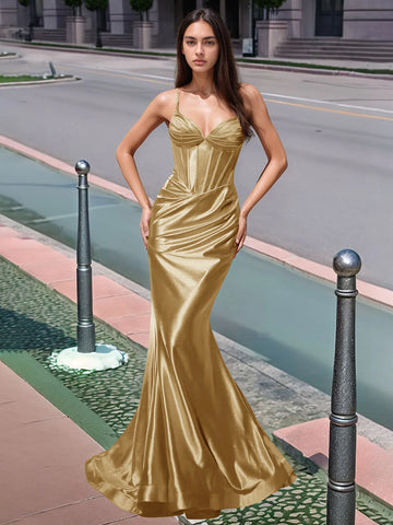 Vestido largo de sirena con escote en V plisado y boiced para baile de graduación