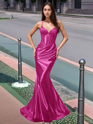 Vestido largo de sirena con escote en V plisado y boiced para baile de graduación