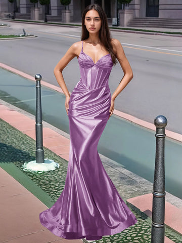 Vestido largo de sirena con escote en V plisado y boiced para baile de graduación