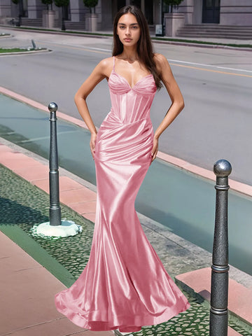 Vestido largo de sirena con escote en V plisado y boiced para baile de graduación