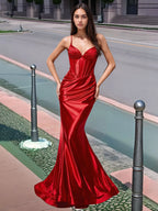 Pleated V-neck Boiced Mermaid Long Prom Dress