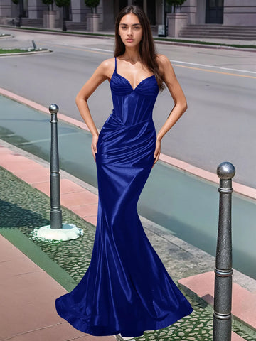 Vestido largo de sirena con escote en V plisado y boiced para baile de graduación