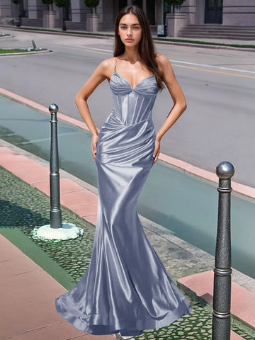 Vestido largo de sirena con escote en V plisado y boiced para baile de graduación