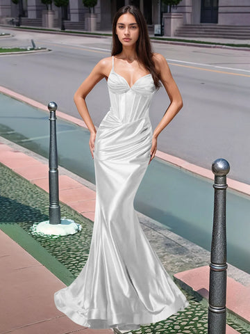 Vestido largo de sirena con escote en V plisado y boiced para baile de graduación