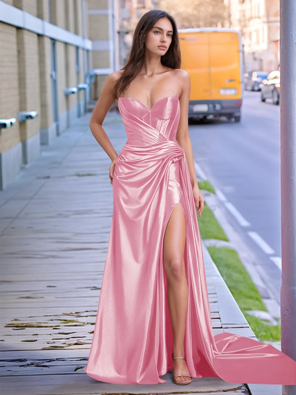 V-neck Split Long Prom Gown With Twist