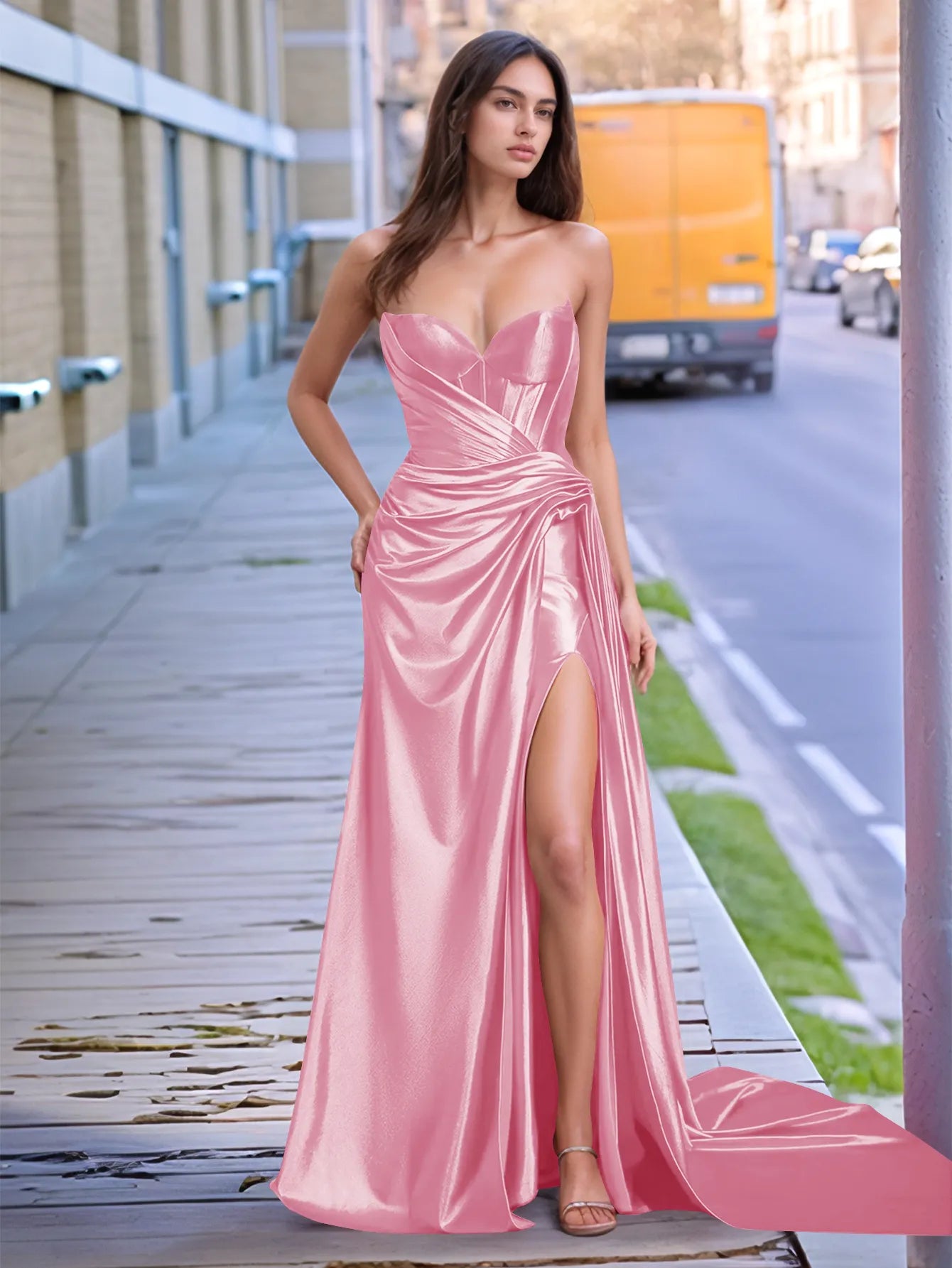 V-neck Split Long Prom Gown With Twist