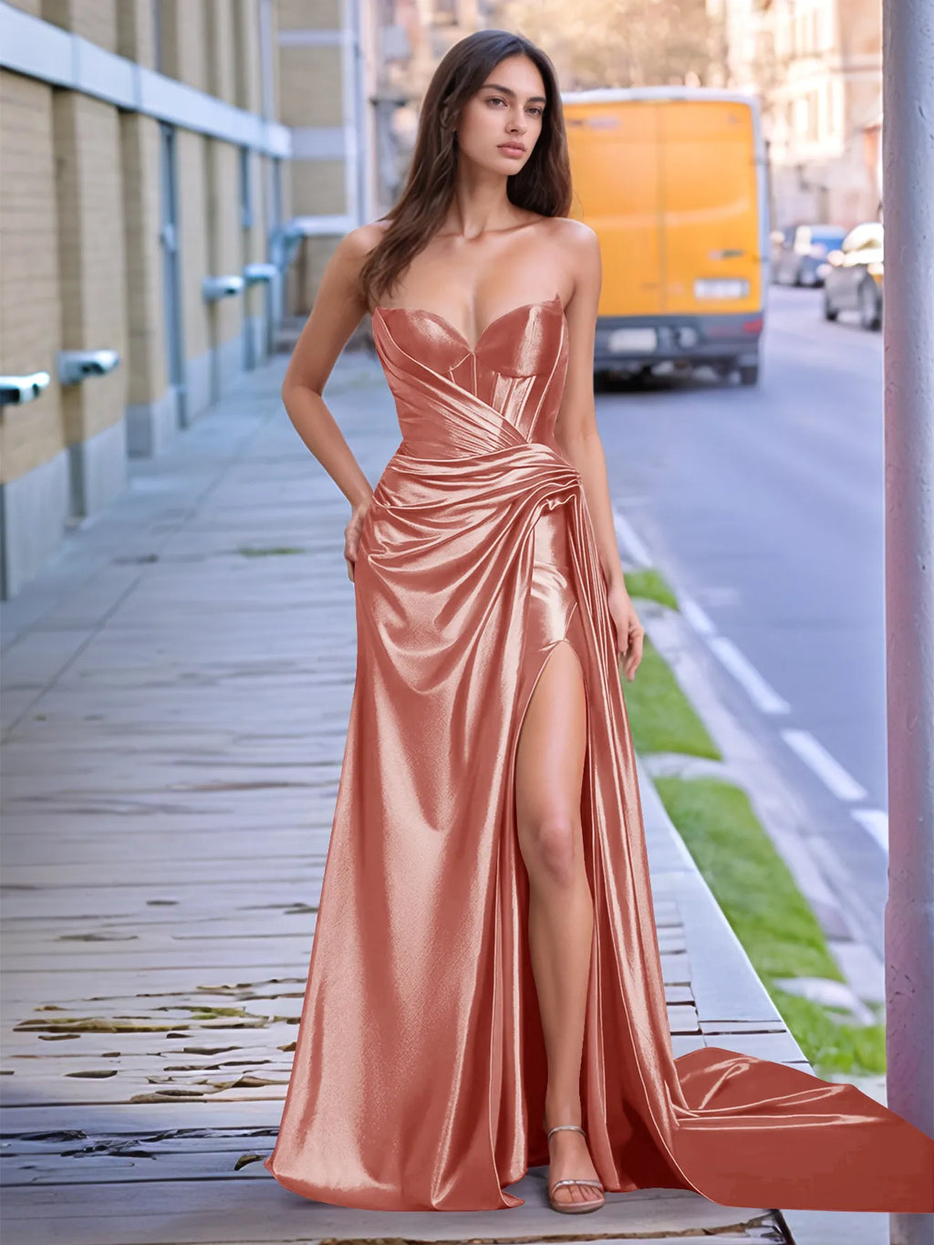 V-neck Split Long Prom Gown With Twist