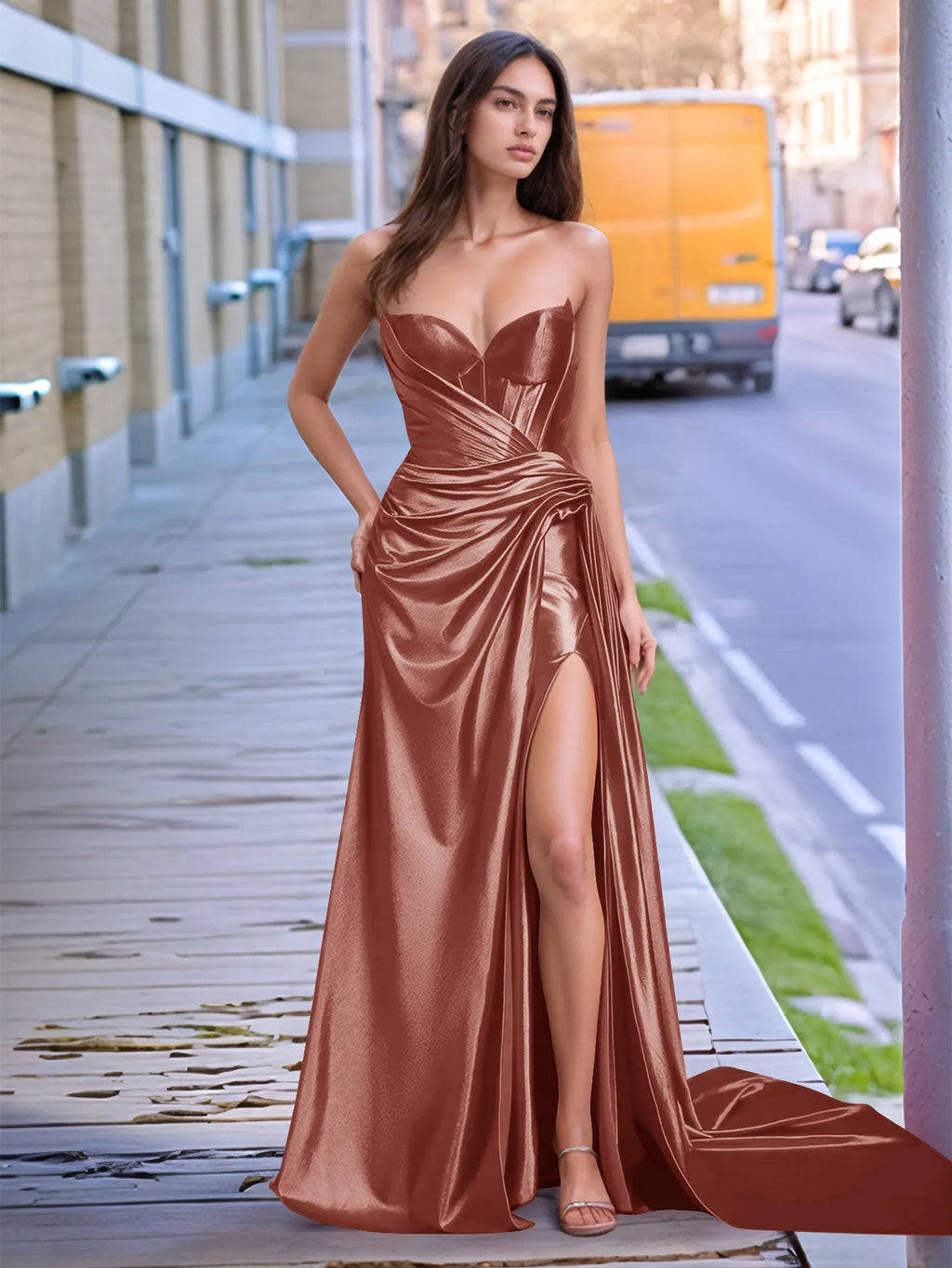 V-neck Split Long Prom Gown With Twist