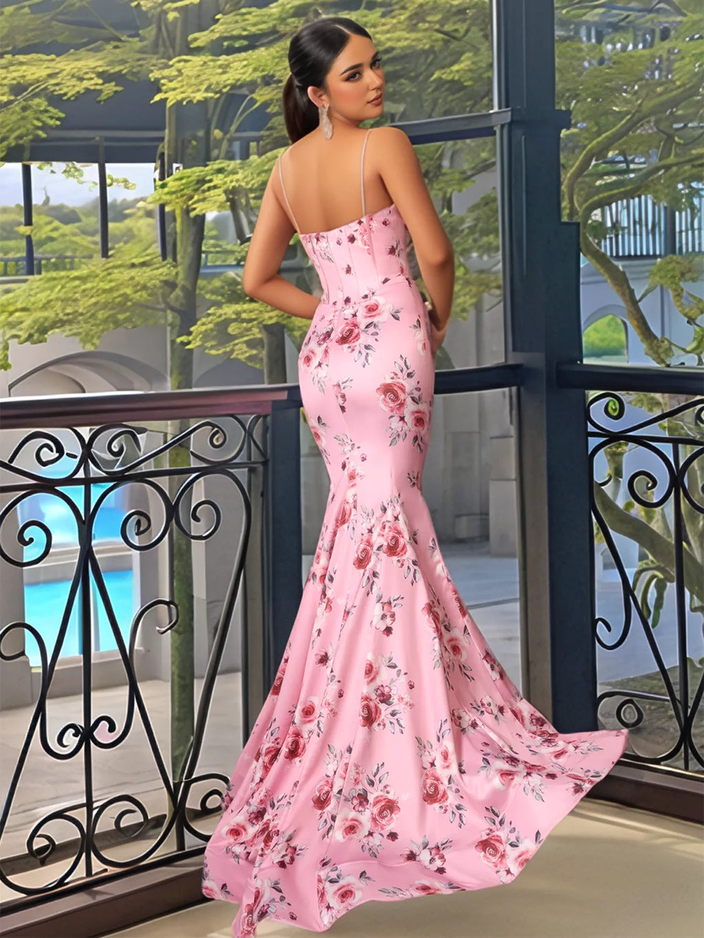 Robe de bal sirène sexy à bretelles spaghetti et imprimé corsage