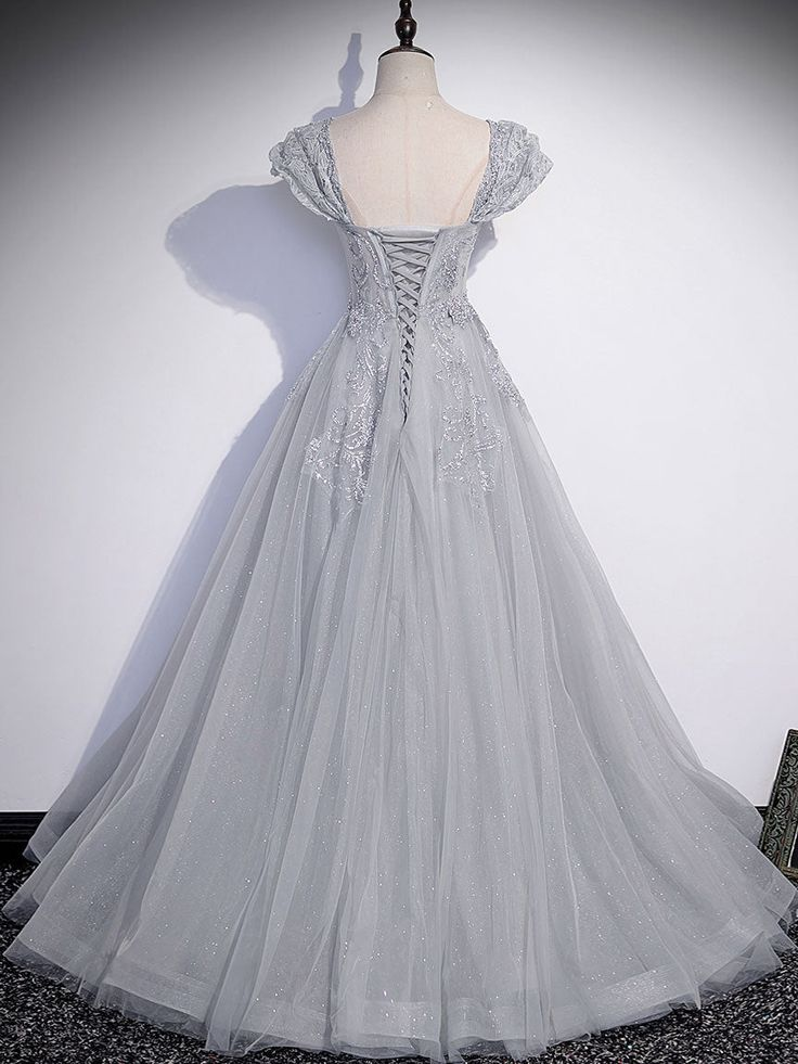 Vestido largo de fiesta gris de tul con lentejuelas, corte en A, vestido de noche formal gris Y4733