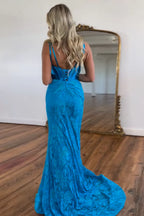Spaghetti Straps Mermaid Lace Long Corset Prom Dress with Slit