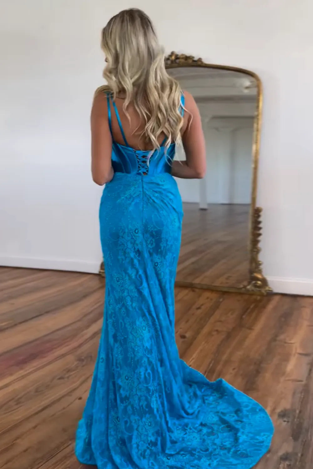 Spaghetti Straps Mermaid Lace Long Corset Prom Dress with Slit
