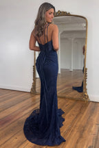 Spaghetti Straps Mermaid Lace Long Corset Prom Dress with Beading