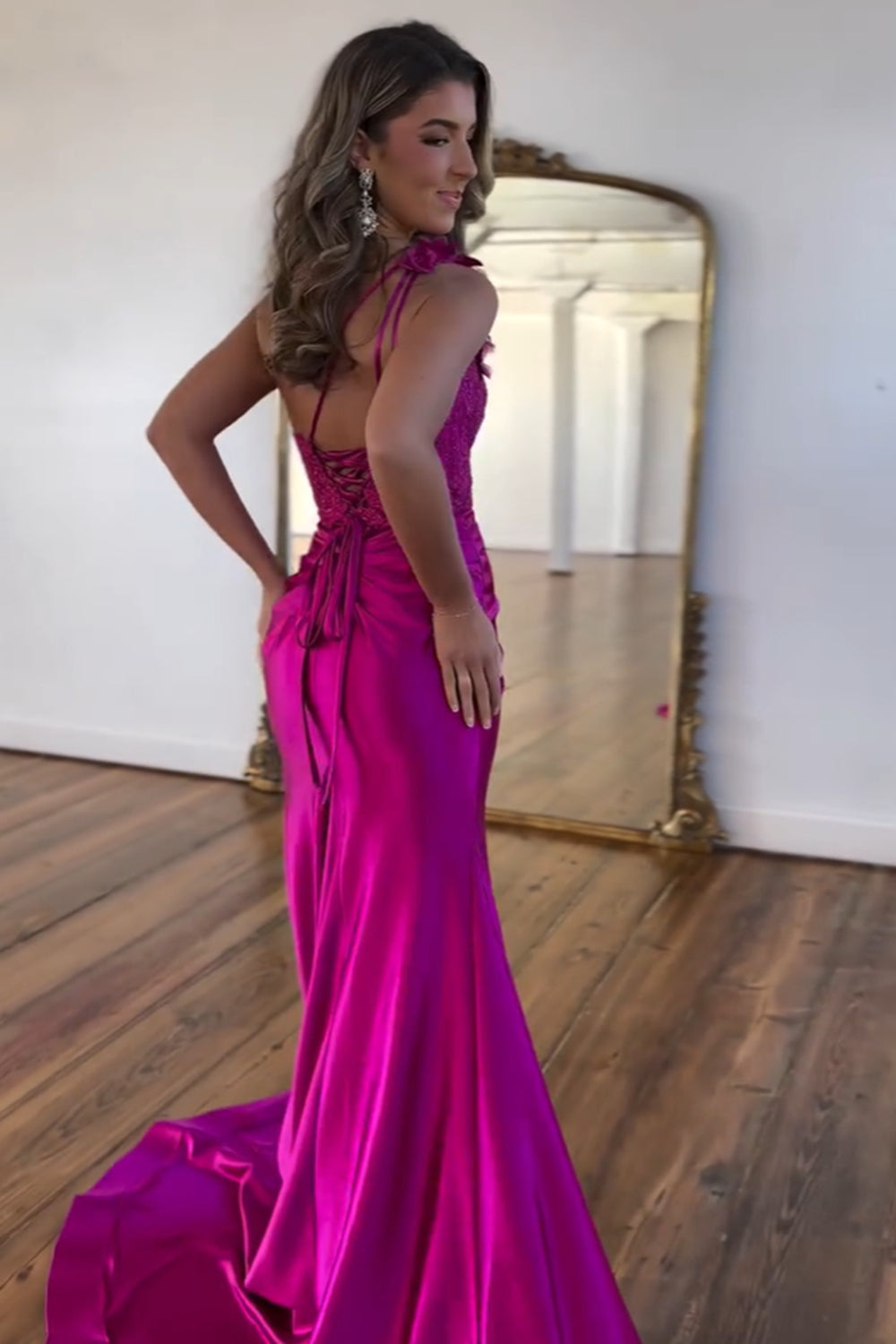 One Shoulder Mermaid Ruched Long Corset Prom Dress with Appliques