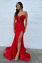 One Shoulder Mermaid Ruched Long Corset Prom Dress with Appliques