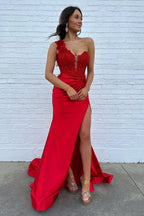 One Shoulder Mermaid Ruched Long Corset Prom Dress with Appliques