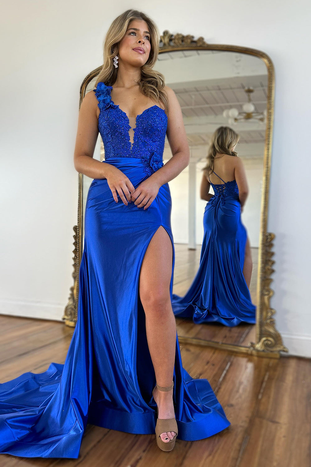 One Shoulder Mermaid Ruched Long Corset Prom Dress with Appliques