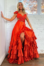 V-neck A-Line Satin Tiered Long Prom Dress with Ruffles