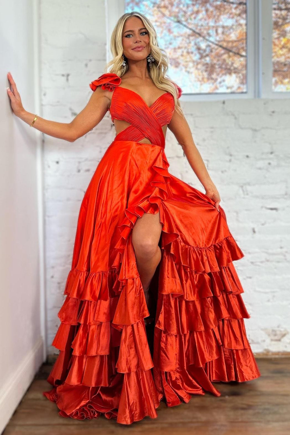 V-neck A-Line Satin Tiered Long Prom Dress with Ruffles