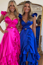 V-neck A-Line Satin Tiered Long Prom Dress with Ruffles
