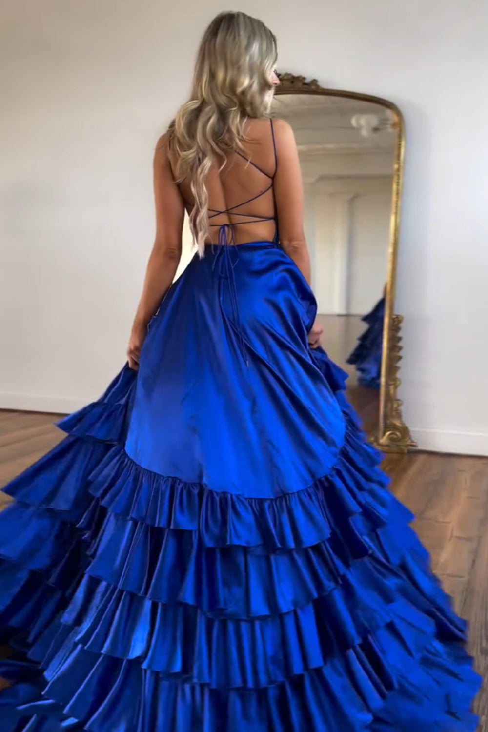 Spaghetti Straps A-Line Satin Tiered Long Prom Dress with Slit