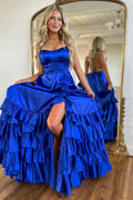 Spaghetti Straps A-Line Satin Tiered Long Prom Dress with Slit