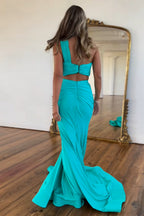 One Shoulder Mermaid Ruched Two Pieces Long Prom Dress