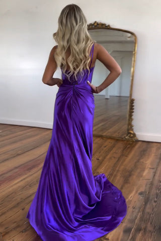 Vestido de fiesta largo de sirena con tirantes finos, corsé, de satén morado y abertura, con abertura.
