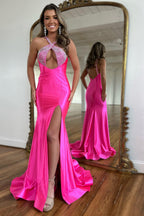 Halter Neck Mermaid Satin Long Prom Dress with Beading