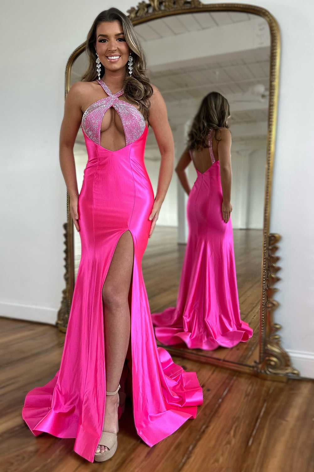 Halter Neck Mermaid Satin Long Prom Dress with Beading