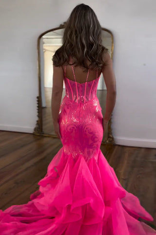 Vestido largo de sirena con corsé, lentejuelas y tirantes finos brillantes para baile de graduación