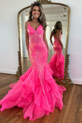 Sparkly Spaghetti Straps Sequins Mermaid Long Corset Prom Dress