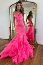 Sparkly Spaghetti Straps Sequins Mermaid Long Corset Prom Dress