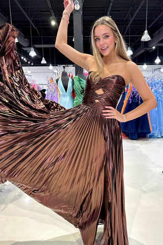 Purple Metallic Sweetheart A-Line Pleated Prom Dress with Slit