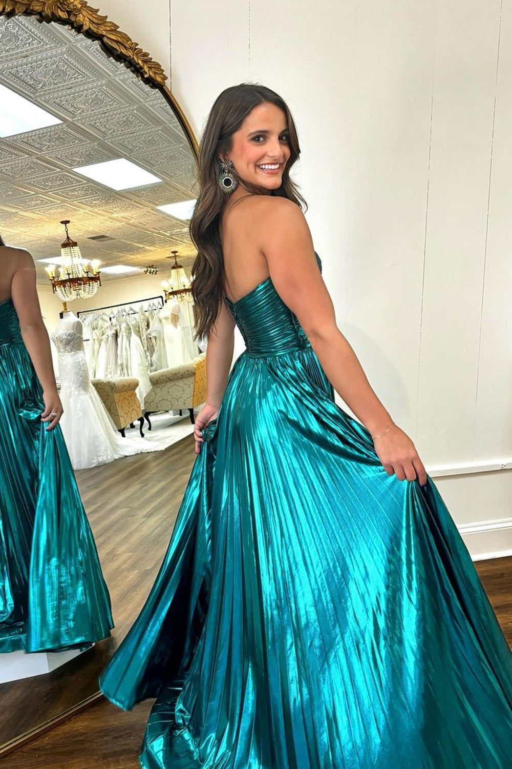 Purple Metallic Sweetheart A-Line Pleated Prom Dress with Slit