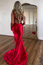 Spaghetti Straps Mermaid Satin Long Prom Dress with Slit