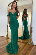 Robe de bal sirène à paillettes, épaules dénudées et corset long en dentelle et dentelle