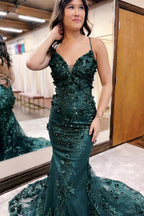 Spaghetti Straps Mermaid Open Back Long Prom Dress with Appliques