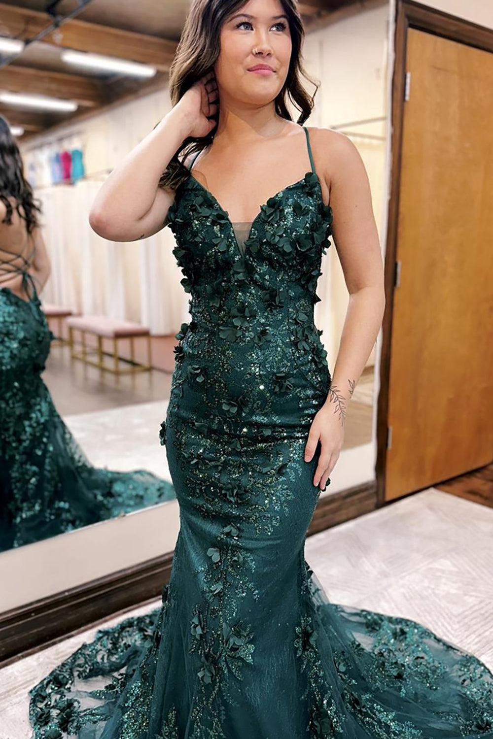 Spaghetti Straps Mermaid Open Back Long Prom Dress with Appliques