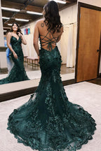 Spaghetti Straps Mermaid Open Back Long Prom Dress with Appliques