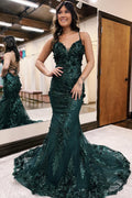 Spaghetti Straps Mermaid Open Back Long Prom Dress with Appliques