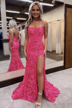 Robe de bal longue sirène à sequins sans bretelles et fente scintillante