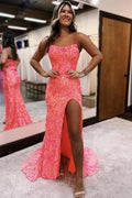 Robe de bal longue sirène à sequins sans bretelles et fente scintillante