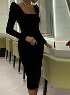 Robe fourreau élégante et sexy pour cocktail, col carré, manches longues, longueur genou, robe de bal courte Y4194