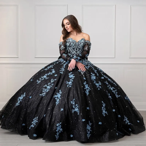 Robe de princesse unique noire et bleu clair pour Quinceañera, Sweet 16, robe de bal Y4319