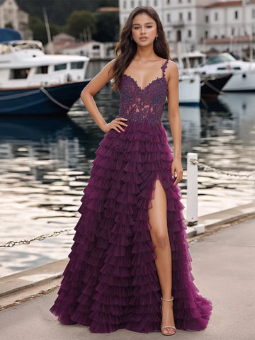 Vestido de baile de graduación con corpiño brillante, tirantes finos, abertura en capas y vestido de gala