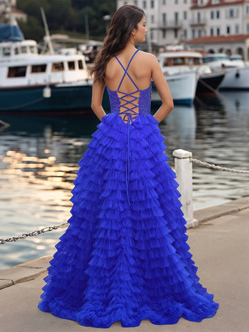 Vestido de baile de graduación con corpiño brillante, tirantes finos, abertura en capas y vestido de gala