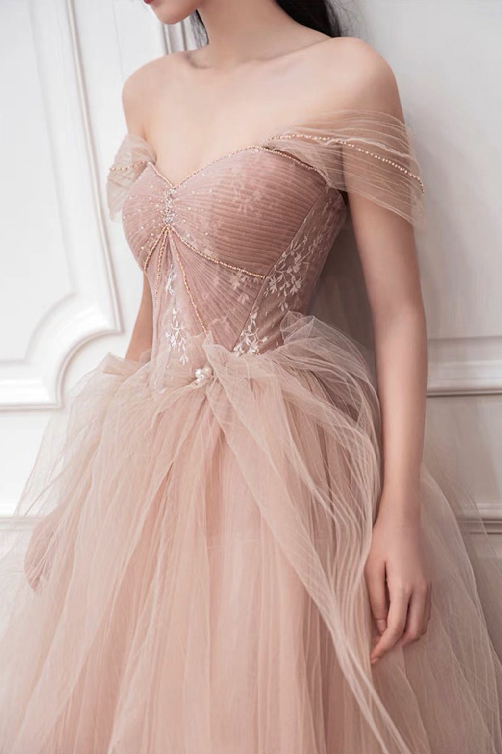 Robe de bal longue en tulle rose, robe de soirée rose Y1825
